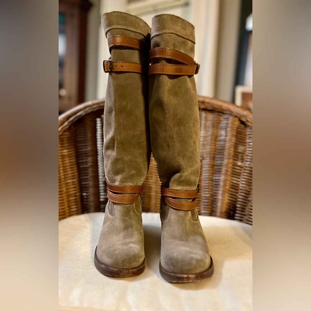 Frye Suede Harness Knee High Boots Olive Green Size 6 - Picture 7 of 11